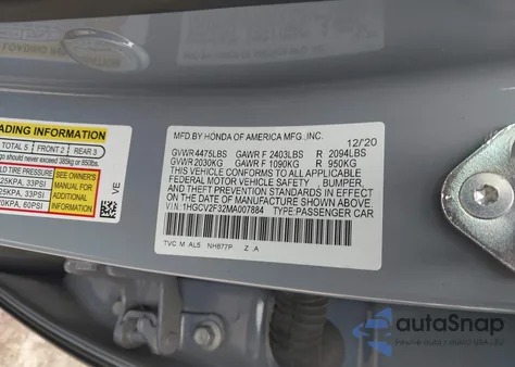 2021 Honda Accord Sport 2.0T from USA, damaged, VIN 1HGCV2F32MA007884